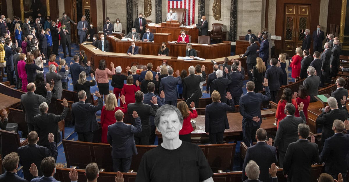 Colorado baker and cake decorator Jack Phillips stands in front of the US congress in a composite image meant to show the peril of legislators not doing their job to protect rights.
