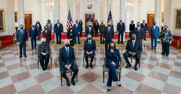 President Joe Biden and Vice President Kamala Harris, joined by the Presidential Cabinet members, pose for a Cabinet portrait Thursday, April 1, 2021, in the Grand Foyer of the White House. (Official White House Photo by Adam Schultz)